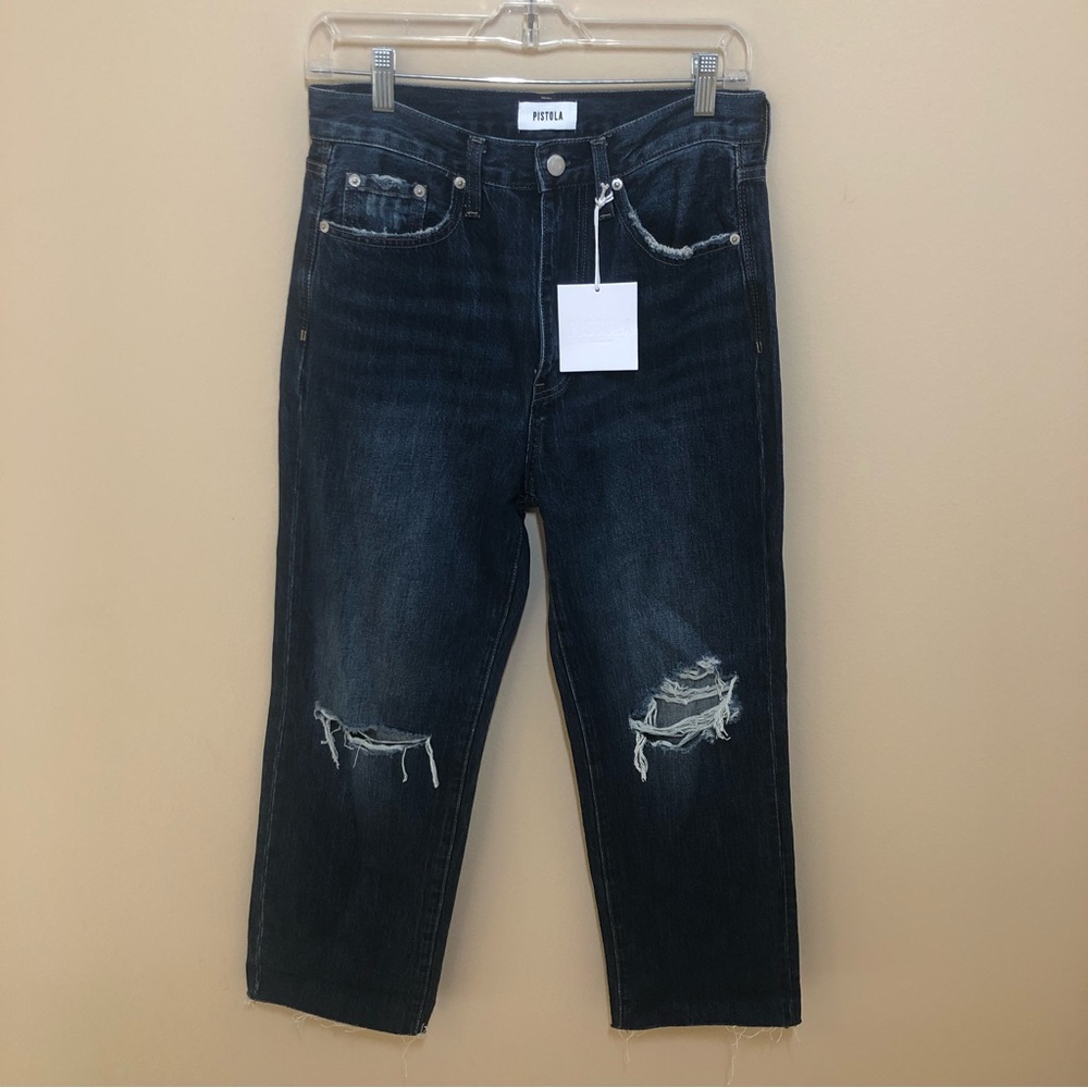 Pistola Cassie crop super high rise straight motive denim distressed jeans